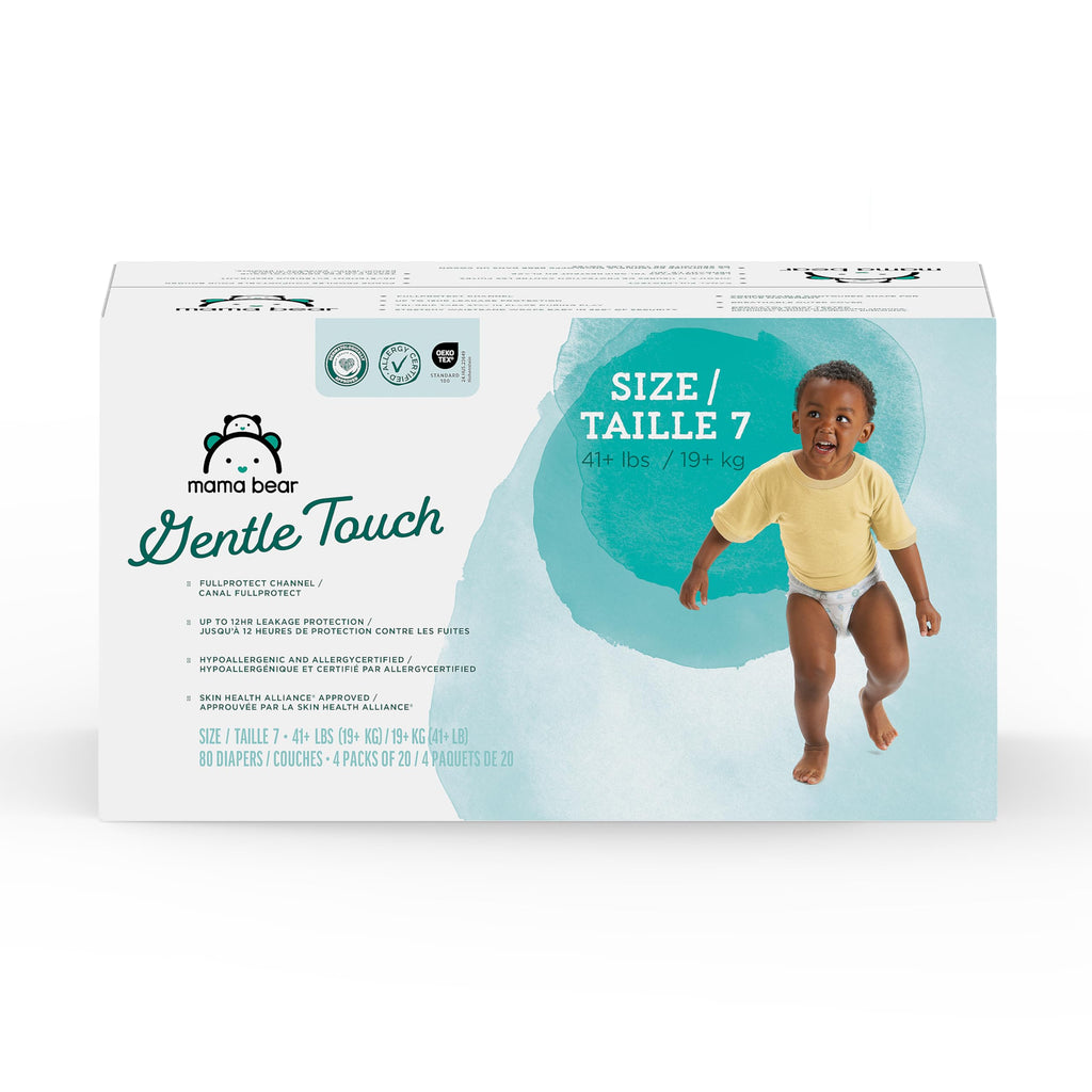 Amazon Brand - Mama Bear Gentle Touch Baby Diapers, Size 7, 80 Count (4 packs of 20), Skin Safe, 12 Hours Protection, Wetness Indicator, Stretchy Waistband