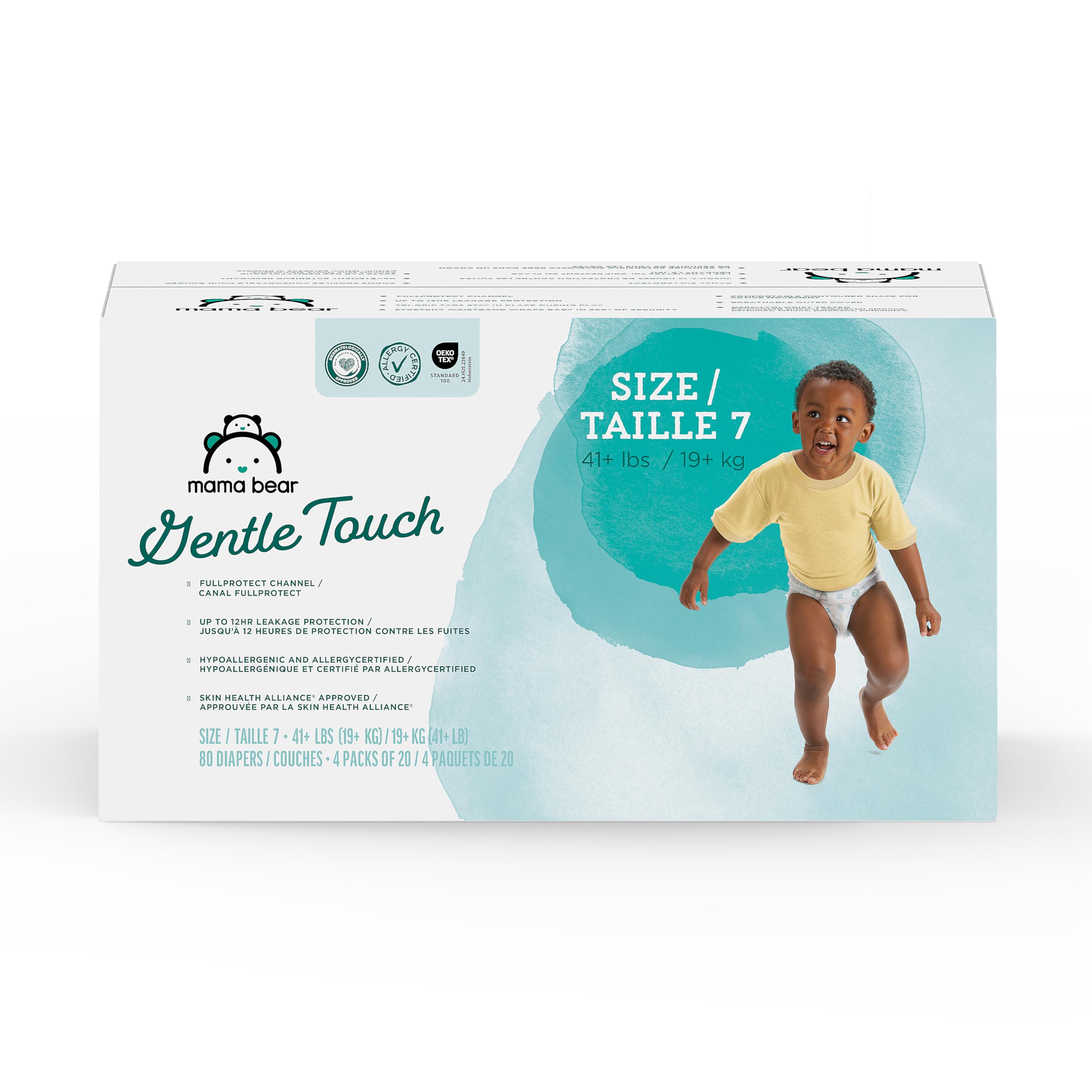 Amazon Brand - Mama Bear Gentle Touch Baby Diapers, Size 7, 80 Count (4 packs of 20), Skin Safe, 12 Hours Protection, Wetness Indicator, Stretchy Waistband