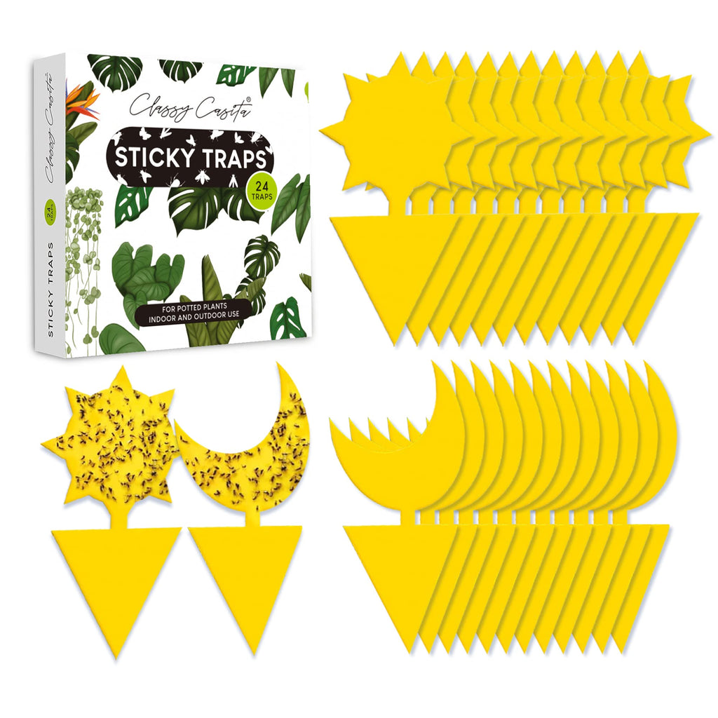 Classy Casita Yellow Sticky Traps - Fungus Gnat Trap, Houseplant Fly Control, Indoor and Outdoor Plant Insect Stakes, Potted Plants Mosquito Pest Bugs Catcher, Gifts for Plant Lovers - 24-Pack