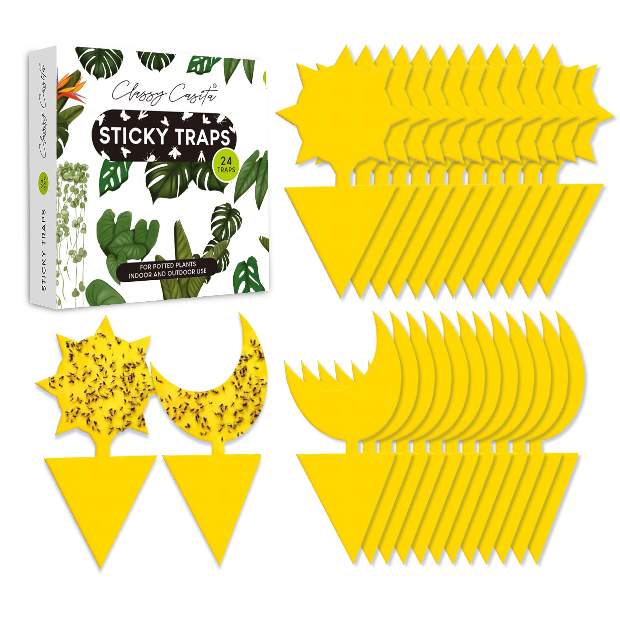 Classy Casita Yellow Sticky Traps - Fungus Gnat Trap, Houseplant Fly Control, Indoor and Outdoor Plant Insect Stakes, Potted Plants Mosquito Pest Bugs Catcher, Gifts for Plant Lovers - 24-Pack
