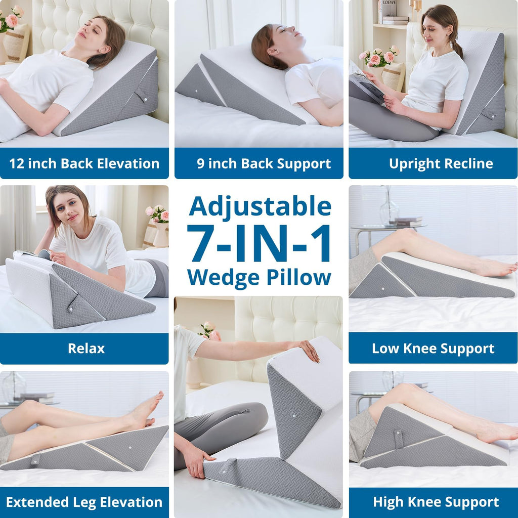 Sasttie Wedge Pillow for Sleeping, Adjustable Bed Wedge Pillow for After Surgery - 9 & 12 Inch, Memory Foam Incline Elevated Triangle Pillow Wedge for Acid Reflux and Snoring, Dark Grey & White