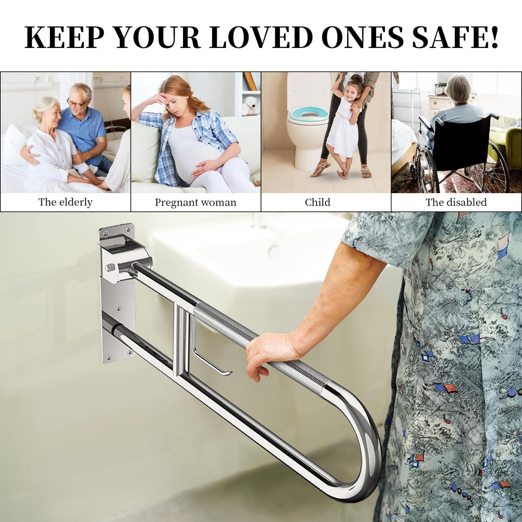 Toilet Grab Bar 30.3 Inch, YuanDe Flip Up Grab Bar with Paper Holder, Polished Chrome Anti-Slip Safety Bars for Toilet, Stainless Steel Knurled Toilet Handles for Seniors Disabled Elderly Pregnant