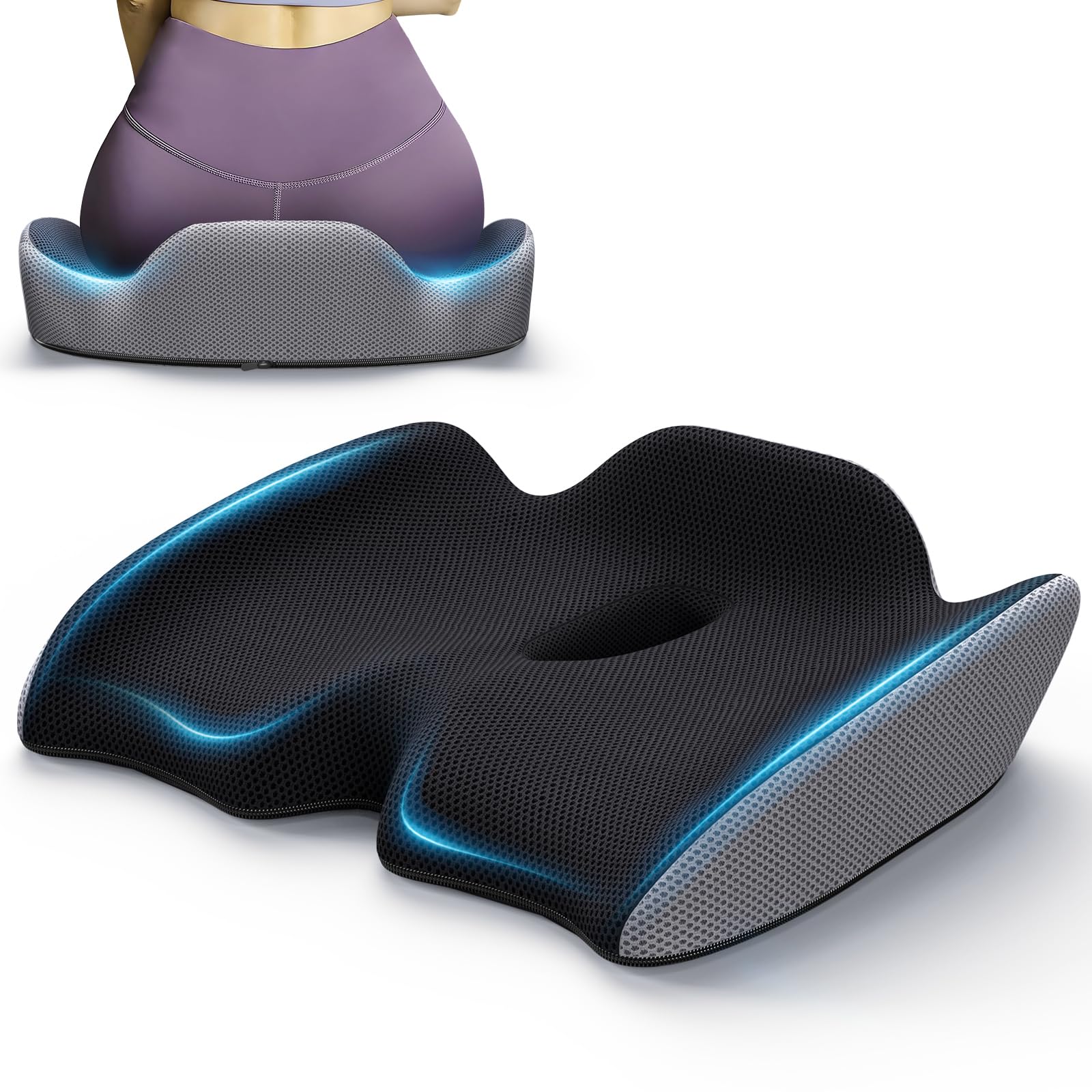 Benazcap Large Pressure Relief Seat Cushion for Tailbone Pain Office Chair Cushion for Butt, Back Pain, Coccyx & Sciatica Pain Relief Pillow. Memory Foam Seat Cushions for Office Chairs
