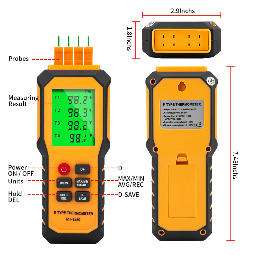 4-Channel K-Type Temperature Thermometer with LCD Backlight Measurement Range- 328℉~2501℉,YMZMeter Temperature Data Logger Comes with 4 PCS Thermocouple Probe Sensor -104℉~752 ℉ 9V Battery Included.
