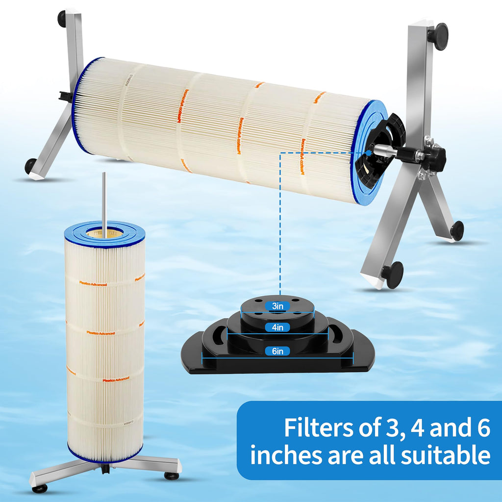 Pool Filter Cleaning System and Cleaner Stand Solid Aluminum Shaft- Compatible with 3，4，and 6 Inch Filter Cartridges，Dual Use Stand Design for Vertical & Horizontal