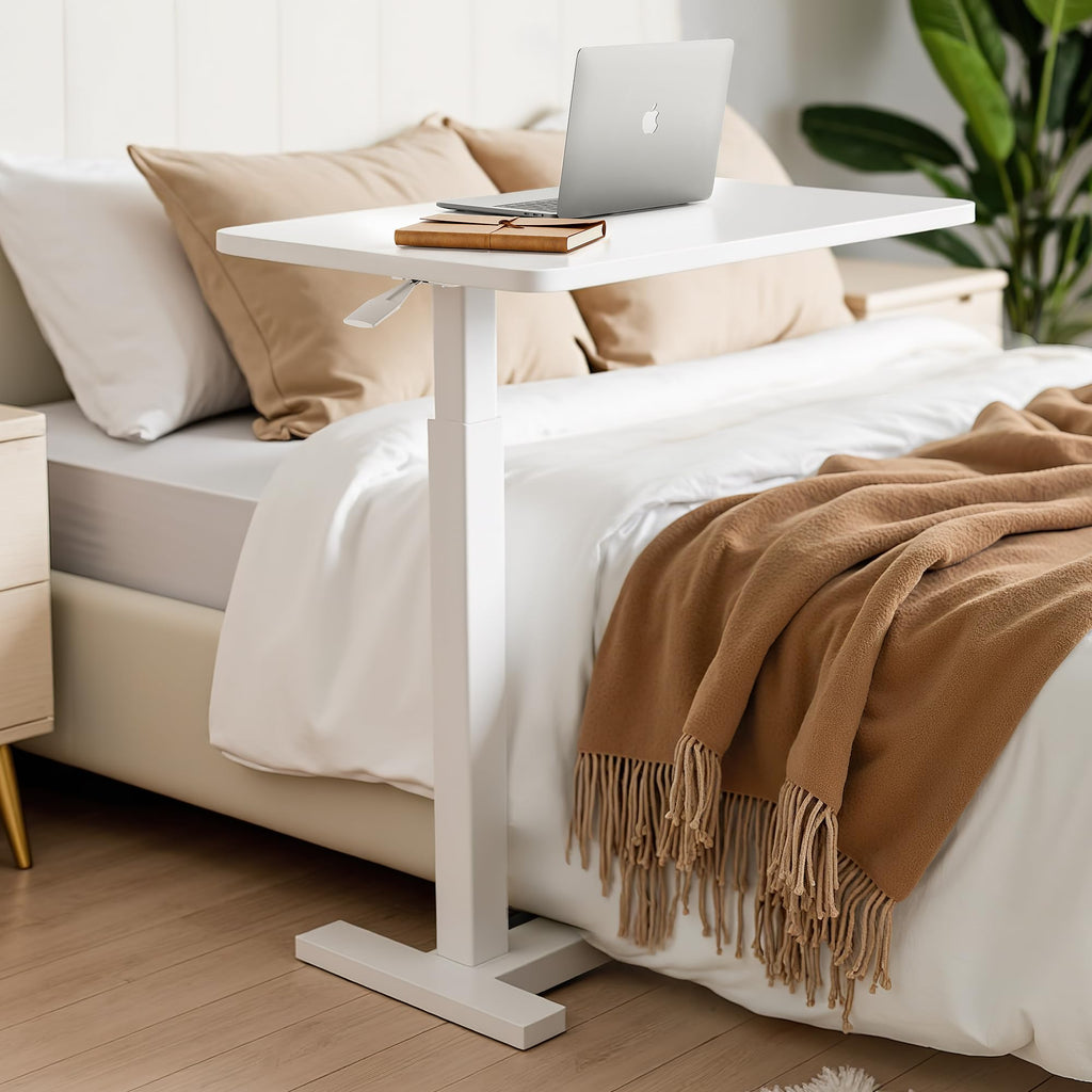 Simple Deluxe Overbed Bedside Table with Hidden Casters, Adjustable Pneumatic Mobile Laptop Computer Standing Desk, Rolling Laptop Table, Movable Overbed Table Hospital Home Use, White