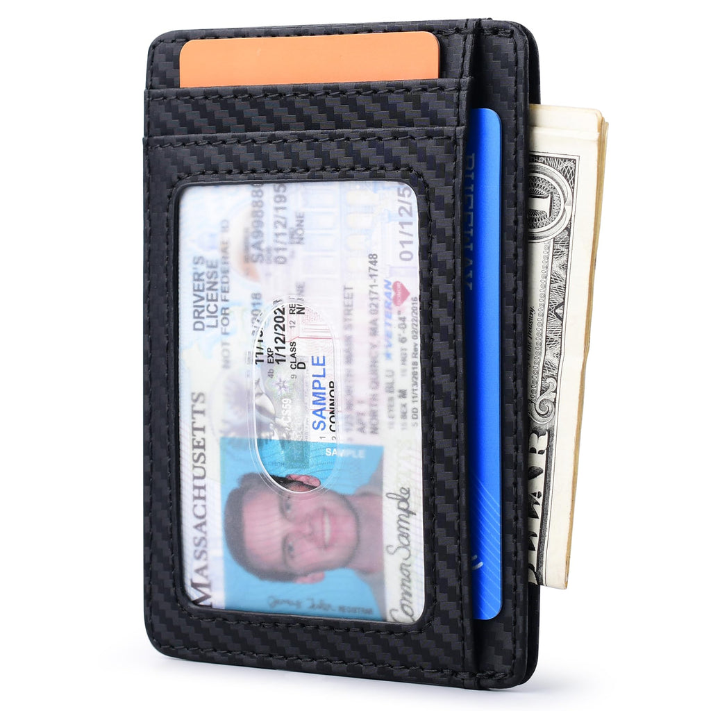 Slim Minimalist Front Pocket RFID Blocking Leather Wallets for Men and Women - Carbon Fiber Black