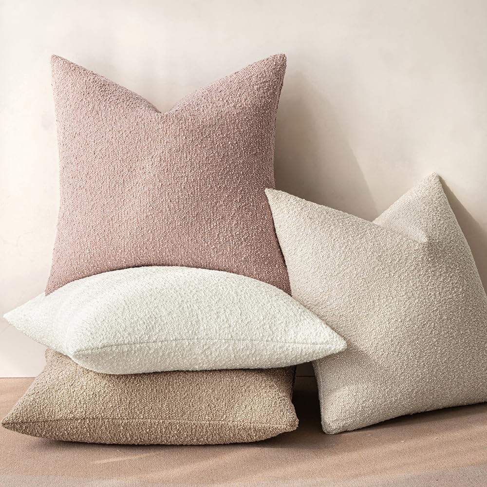 MIULEE Set of 2 Beige Throw Pillow Covers 22x22 Inch Decorative Couch Pillow Covers Textured Boucle Accent Solid Christmas Pillow Cases Soft for Cushion Chair Sofa Bedroom Livingroom Home Decor