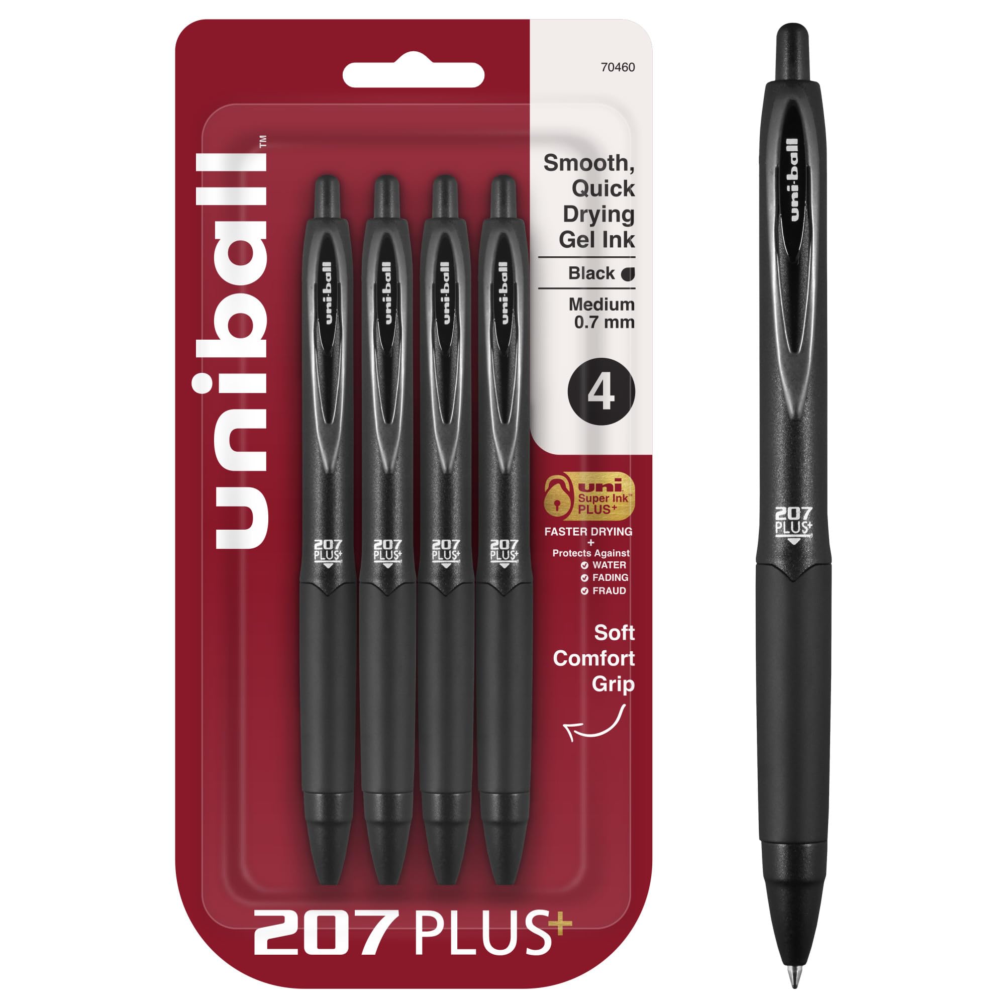 207 Plus+ Retractable Gel Pens, Medium Point (0.7mm), Black, 4 Pack