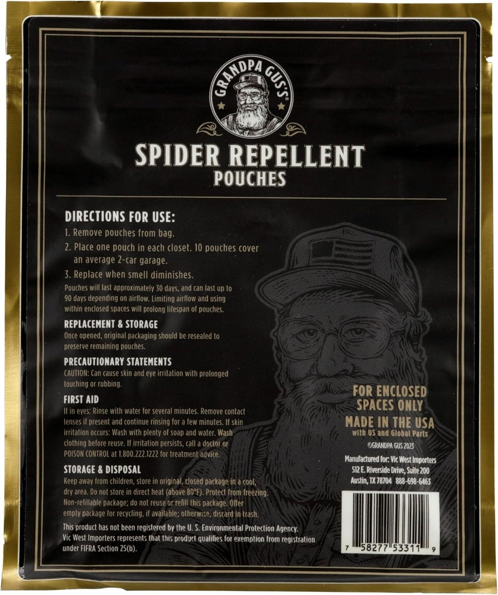 Grandpa Gus's Natural Spider Repellent Pouches, Peppermint and Lemongrass Oil Indoor Spider Deterrent, Wolf Spider Repellent, Closet, Basement, Cabin, Shed, RV and Garage, 10 Pack