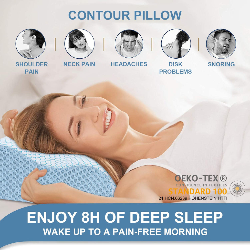 Anvo Memory Foam Pillow, Neck Contour Cervical Orthopedic Pillow for Sleeping Side Back Stomach Sleeper, Ergonomic Bed Pillow for Neck Pain - Blue White, Firm