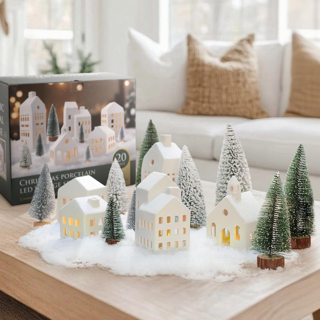 Zesua Christmas Decorations Indoor - Christmas Village Sets of 5 Ceramic Houses with LED Lights Remote and 9 Trees - Winter Rustic Farmhouse Home Holiday Xmas Decor for Mantel Tabletop Room