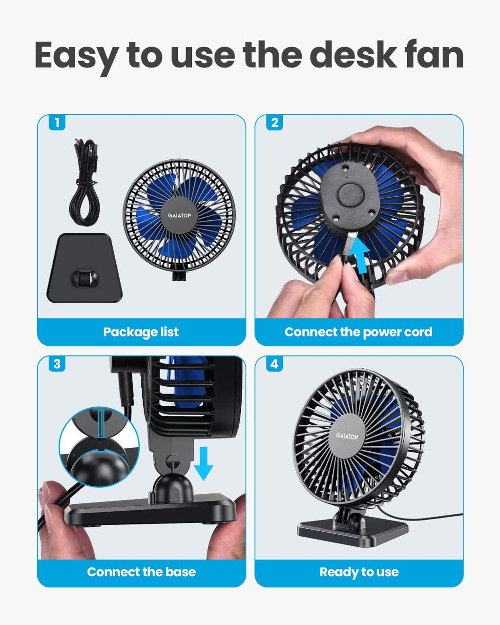 USB Desk Fan, Small But Powerful, Personal Portable Quiet 3 Speeds, Adjustable Mini Table Desktop fan for Cooling Home Office Car Summer Travel Gifts Blue