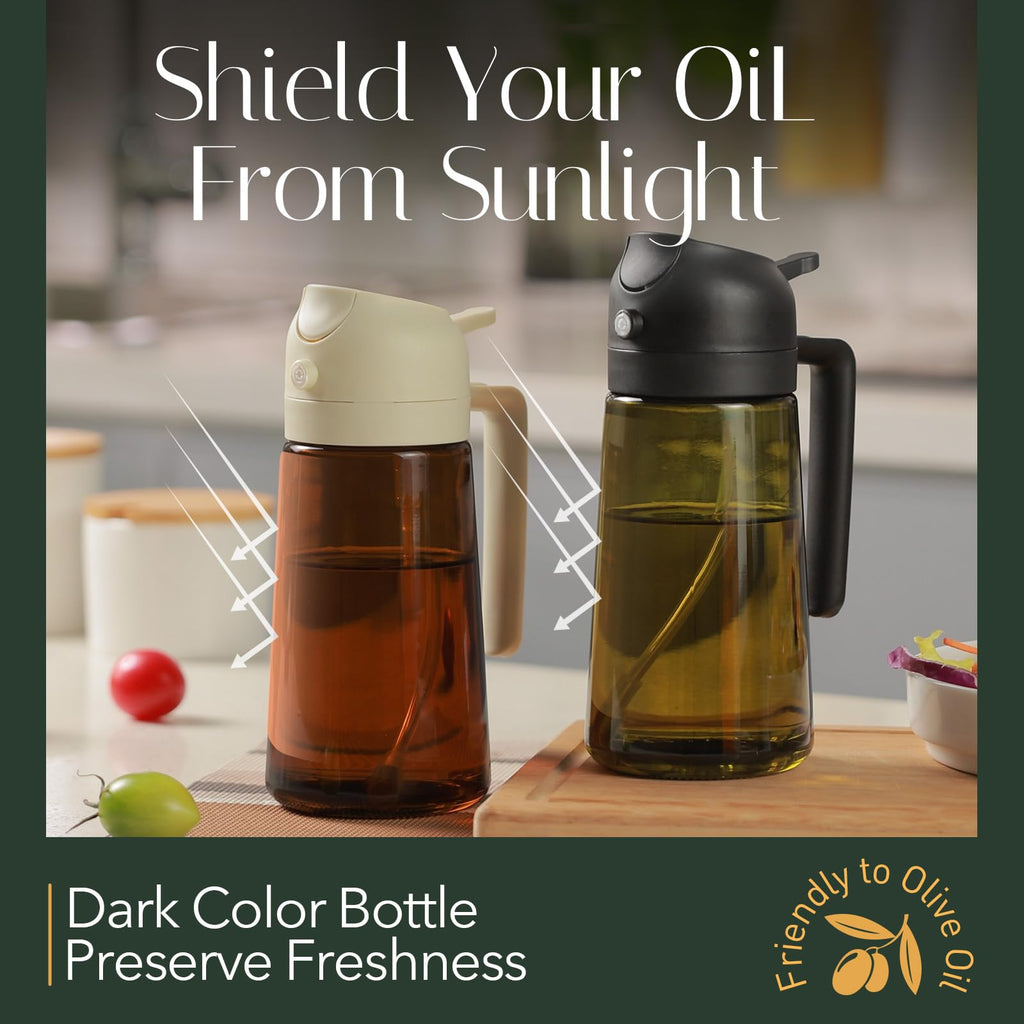 YARRAMATE 16oz/470ml Light-Blocking Dark Oil Sprayer for Cooking, 2 in 1 Olive Oil Dispenser Bottle for Kitchen, Premium Dark Green Glass Oil Bottle, Food-Grade Oil Mister for Air Fryer, BBQ (Black)