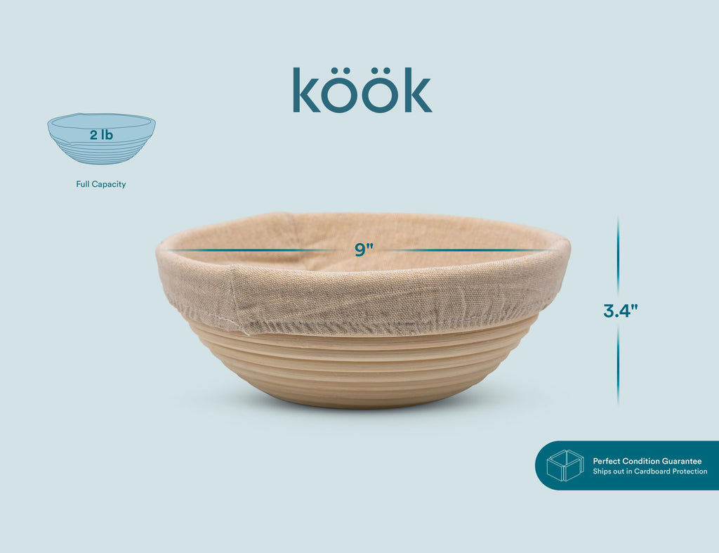 Kook Proofing Set, Sourdough Bread, 2 Rattan 9 Inch Banneton Baskets, 2 Basket Covers, Metal Scraper, Plastic Scraper, Scoring Lame, 5 Blades and Case, Baking Kit, Dough Bowls, Round Shape