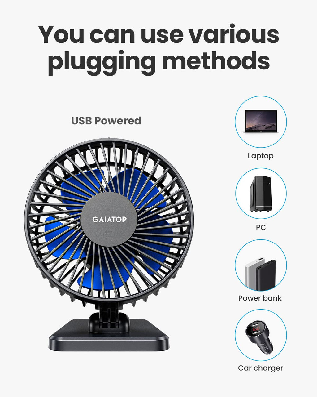 USB Desk Fan, Small But Powerful, Personal Portable Quiet 3 Speeds, Adjustable Mini Table Desktop fan for Cooling Home Office Car Summer Travel Gifts Blue