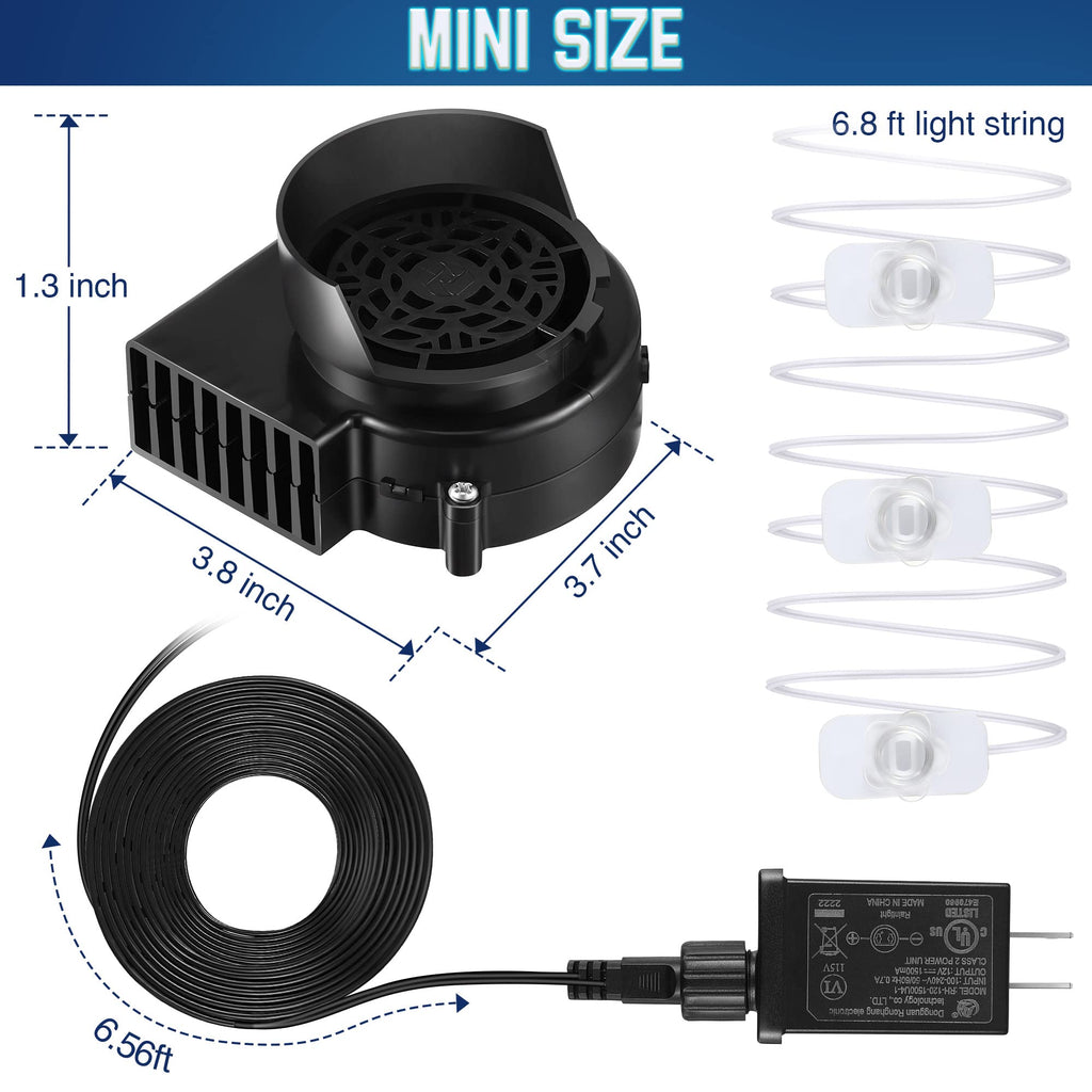 Hiboom Replacement Fan Blower, 12V 1.2A Mini Air Blower with 3 LED Light String for Inflatables Indoor Outdoor, 12V 1.5A Adapter for Christmas Xmas Holiday Inflatables Fan Blower (1 Set)