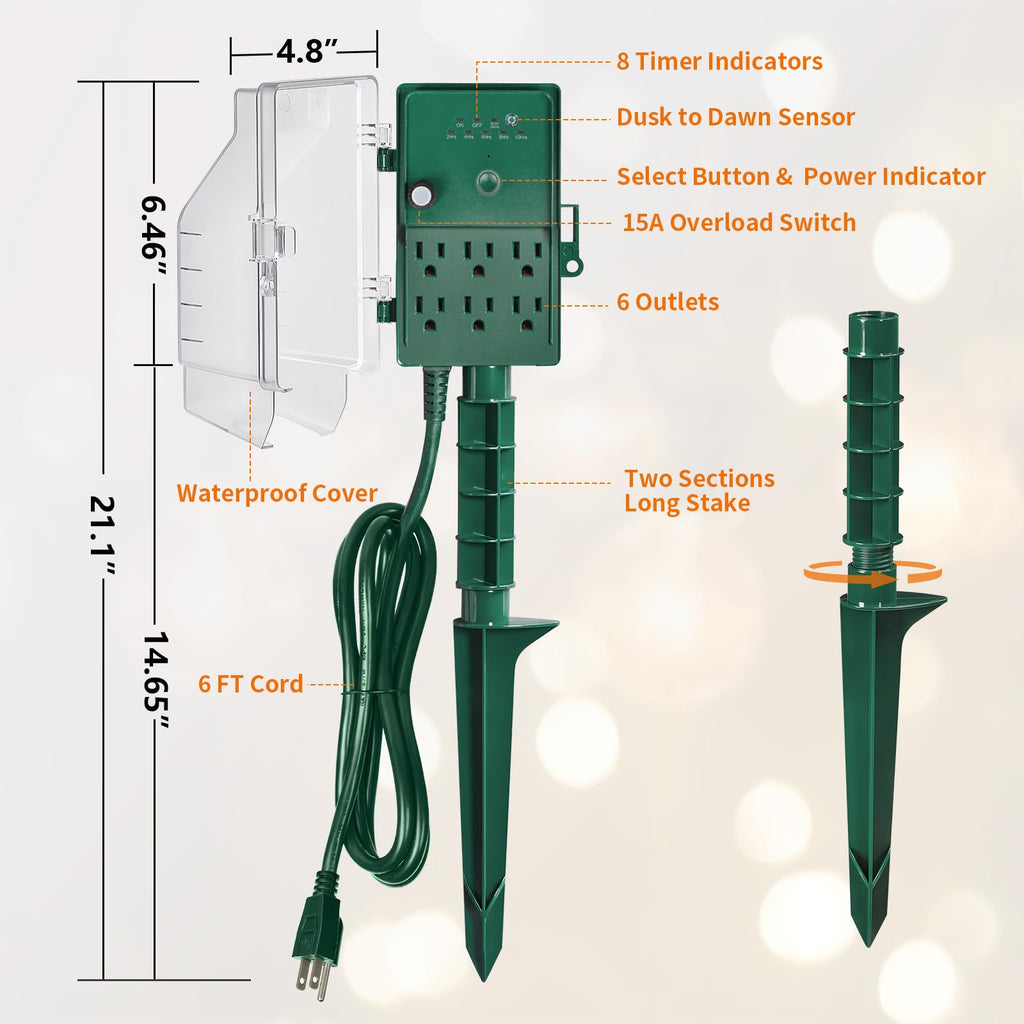 SURAIELEC Outdoor Power Stake Light Timer, Dusk to Dawn, 6 Electrical Outlet Power Strip Weatherproof, 6FT Extension Cord Multiple Outlet for Patio Lights, Sprinkler, Garden, Christmas Decorations