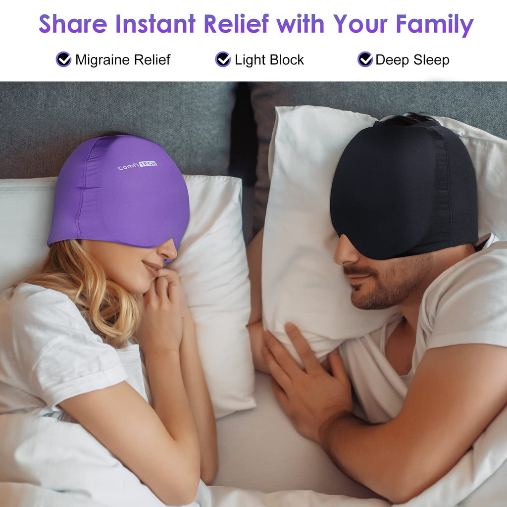 Comfitech Migraine Ice Head Wrap, Headache Relief Hat for Migraine Cap for Tension Puffy Eyes Migraine Relief Cap for Sinus Headache and Stress Relief Cold Compress (Medium Black & Purple)