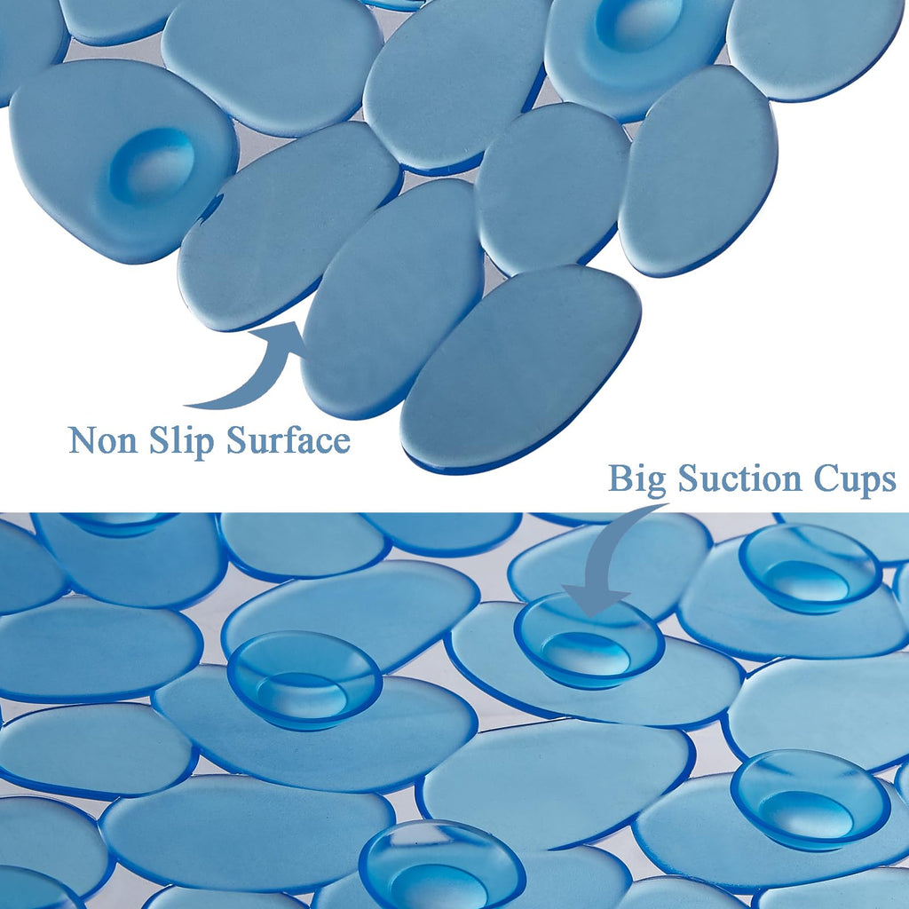 Webos Bath Shower Mat Non Slip: Extra Large Pebble Bathtub mat for Kids, Elderly, Anti Slip Shower Matt with Drain Holes Suction Cups Tub Mat - 16 X 40 Inch Clear Blue