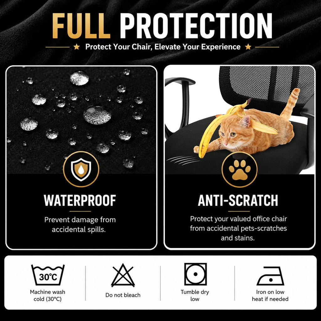 Water-Resistant Stretchable Desk Office Chair Seat Cushion Covers - Universal Spandex Computer Chair Slipcover - Removable Washable Cushion Protectors for Dogs, Cats, Black
