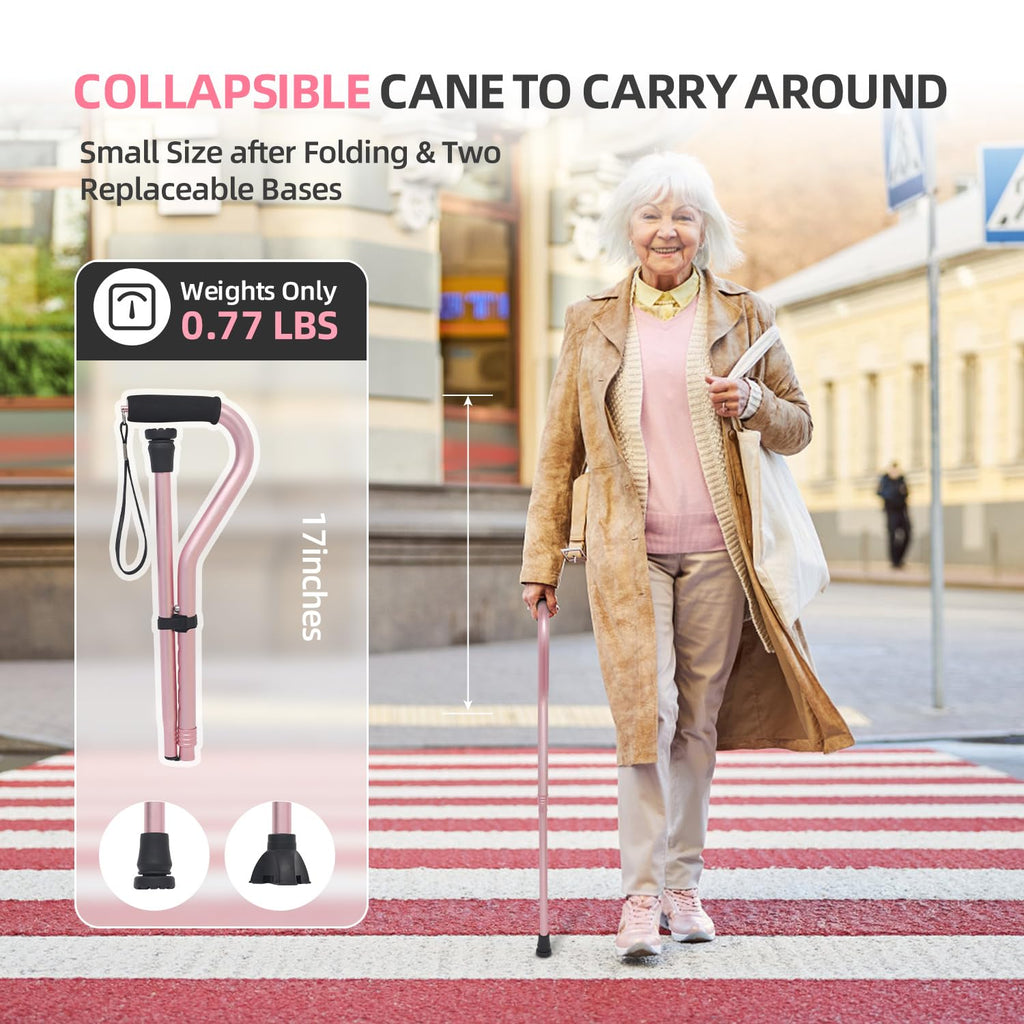 BeneCane Walking Cane for Men & Women Adjustable Cane with Offset Soft Cushioned Handle -Portable Lightweight Sturdy Mobility Walker Aid for Elderly, Seniors Collapsible Cane Pink