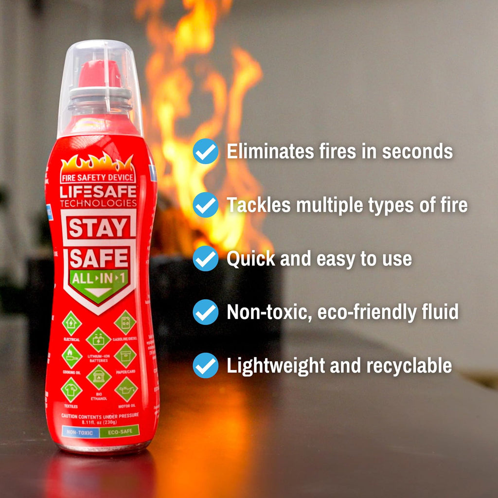 StaySafe All-in-1 Portable Fire Extinguisher by LifeSafe Technologies | Compact Fire Spray easy to use on 10 types of fires | Non-Toxic & Eco-Friendly