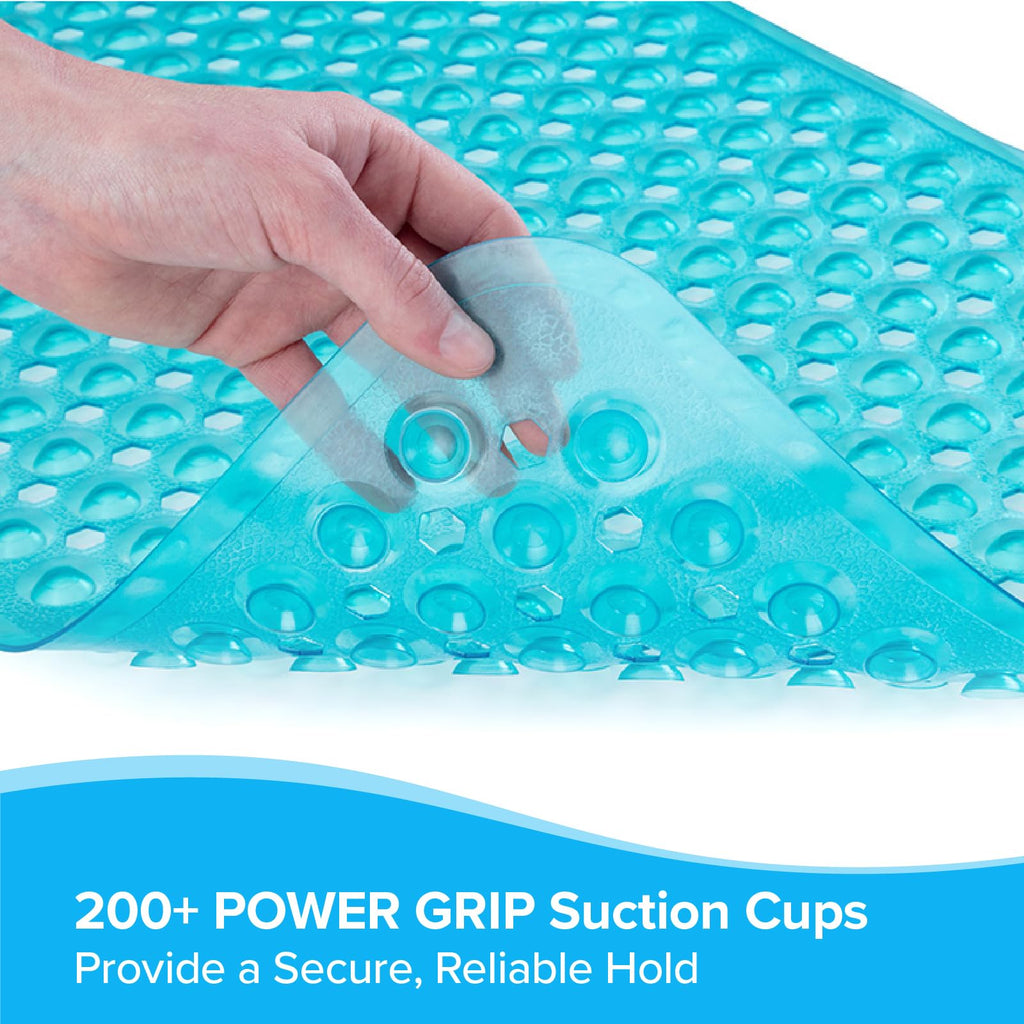 SlipX Solutions Power Grip Extra Long Bath Tub & Shower Mat 39x16, Wet Floor Non-Slip for Elderly & Kids Bathroom, 30% Longer Bathtub Mats, 200 Suction Cups, Drain Holes (1, Clear Aqua)