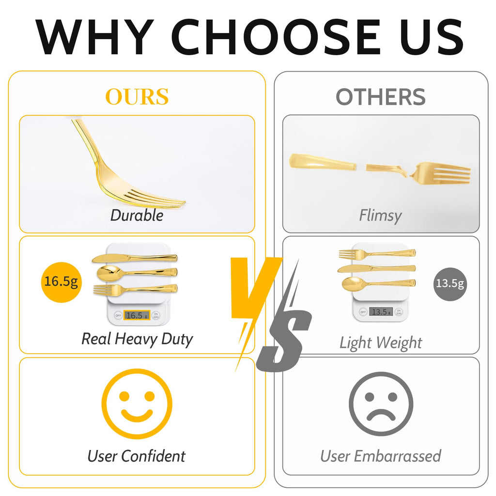 N9R 500PCS Gold Plastic Silverware - Gold Plastic Cutlery Set Disposable Flatware Dinnerware -200 Gold Forks, 150 Gold Spoons, 150 Gold Knives for Party, Birthday, Wedding Gold Utensils