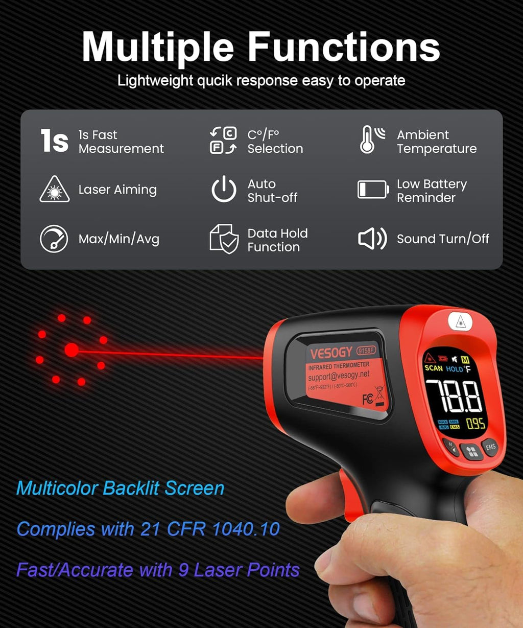 Infrared-Thermometer-Gun-Heat-Temperature-Gun -58°F ~932°F-Auto Off Digital Laser Thermometer Gun for Cooking, Pizza Oven, Grill, Large Display IR Thermometer Temp Gun with Adjustable Emissivity