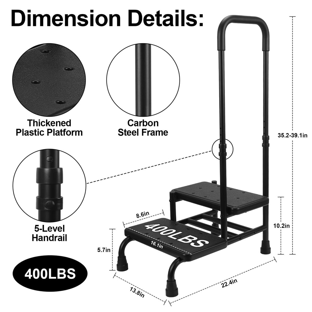 2 Step Stool with Handle for Elderly, Heavy Duty Step Stool with Handle, 4 Fixing Buckle and Adjustable Handrail, Bed Steps with a Hook for Adults Seniors Handicap, Hold up to 400LBS