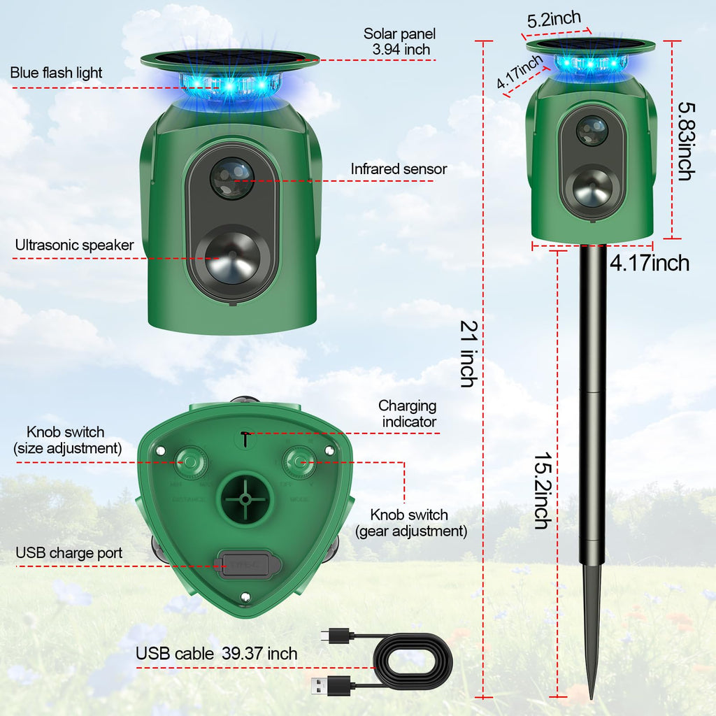 Ultrasonic Animal Repeller Outdoor - Cat Repellent Outdoor & Deer Deterrent with PIR Sensor, Solar Powered for 360° Protection Against Cats, Deer, Squirrels, Raccoons, Rabbits in Garden, Yard, Farm