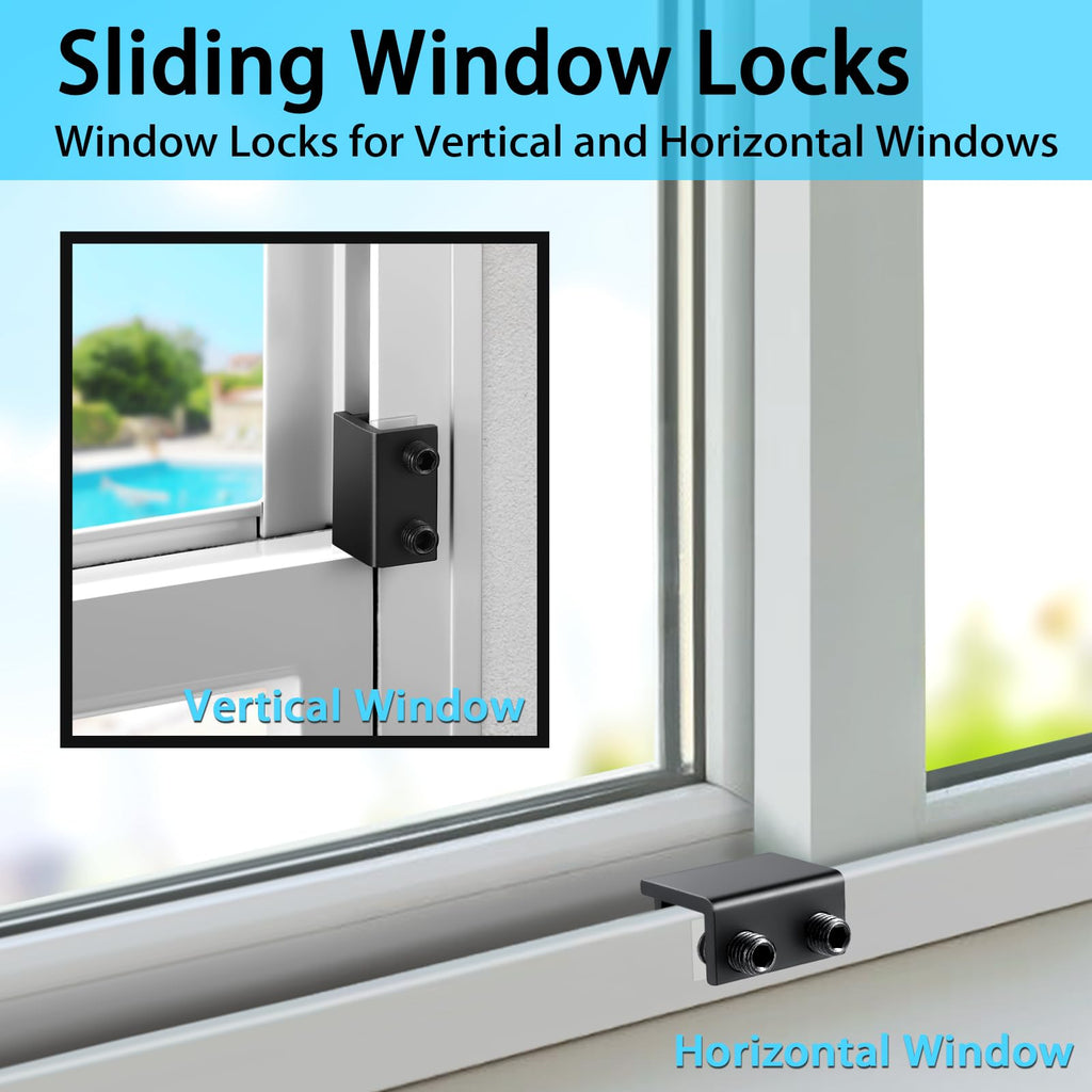 Window Locks,4 Pack Sliding Window Locks with Key for Vertical & Horizontal Sliding Windows Doors,Easv to Install,Adjustable Security Window Lock for Patio Bedroom Home and Office (Black)