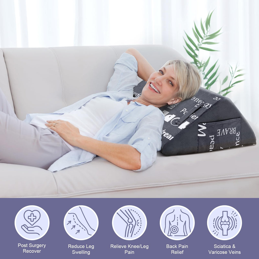 MYLIFESION Knee Wedge Pillow, Leg Elevation Triangle Pillow for Post Surgery, Back Pain Relief, Bed Wedge Pillowcase for Sleeping with Removable Cover and Positive Energy Words