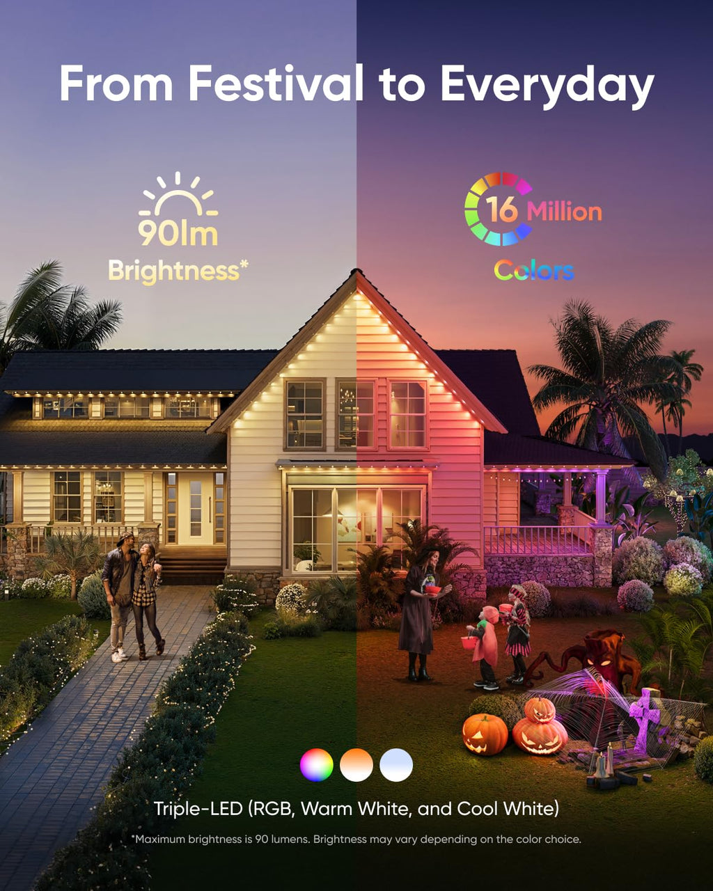 eufy Permanent Outdoor Lights E22, 100ft with 60 Triple-LED Lights, Smart RGBWW Lights, Daily and Festive, Up to IP67 Waterproof, AI Lighting Themes for Halloween, Christmas Lights, Links with Cameras