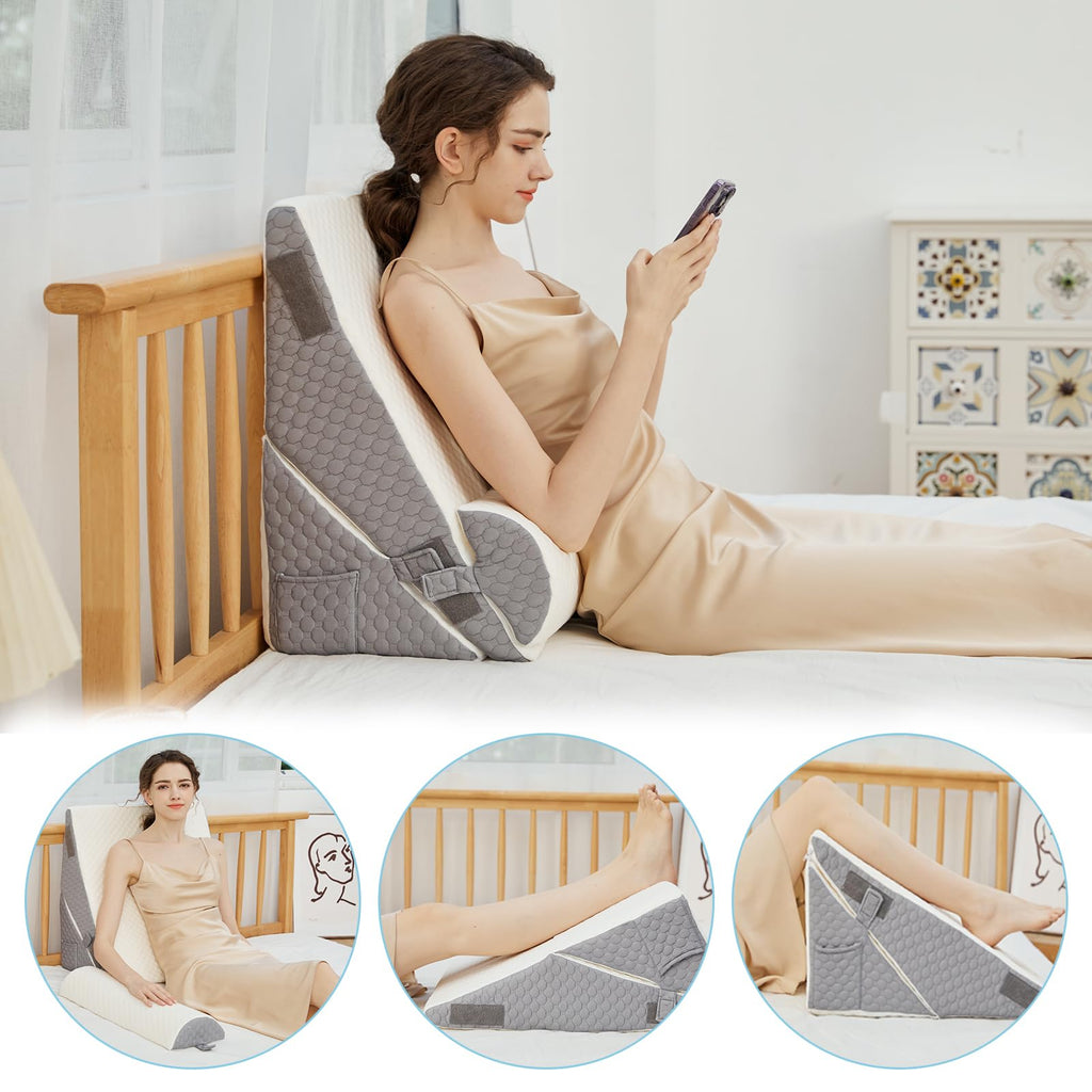 YIHATA Bed Wedge Pillow for Sleeping, Memory Foam Wedge Pillow Set for Post Surgery 12 Inch Adjustable Triangle Pillow Wedge with Washable Cover for Legs, Back Pain, Snoring, Alleviate Acid Reflux