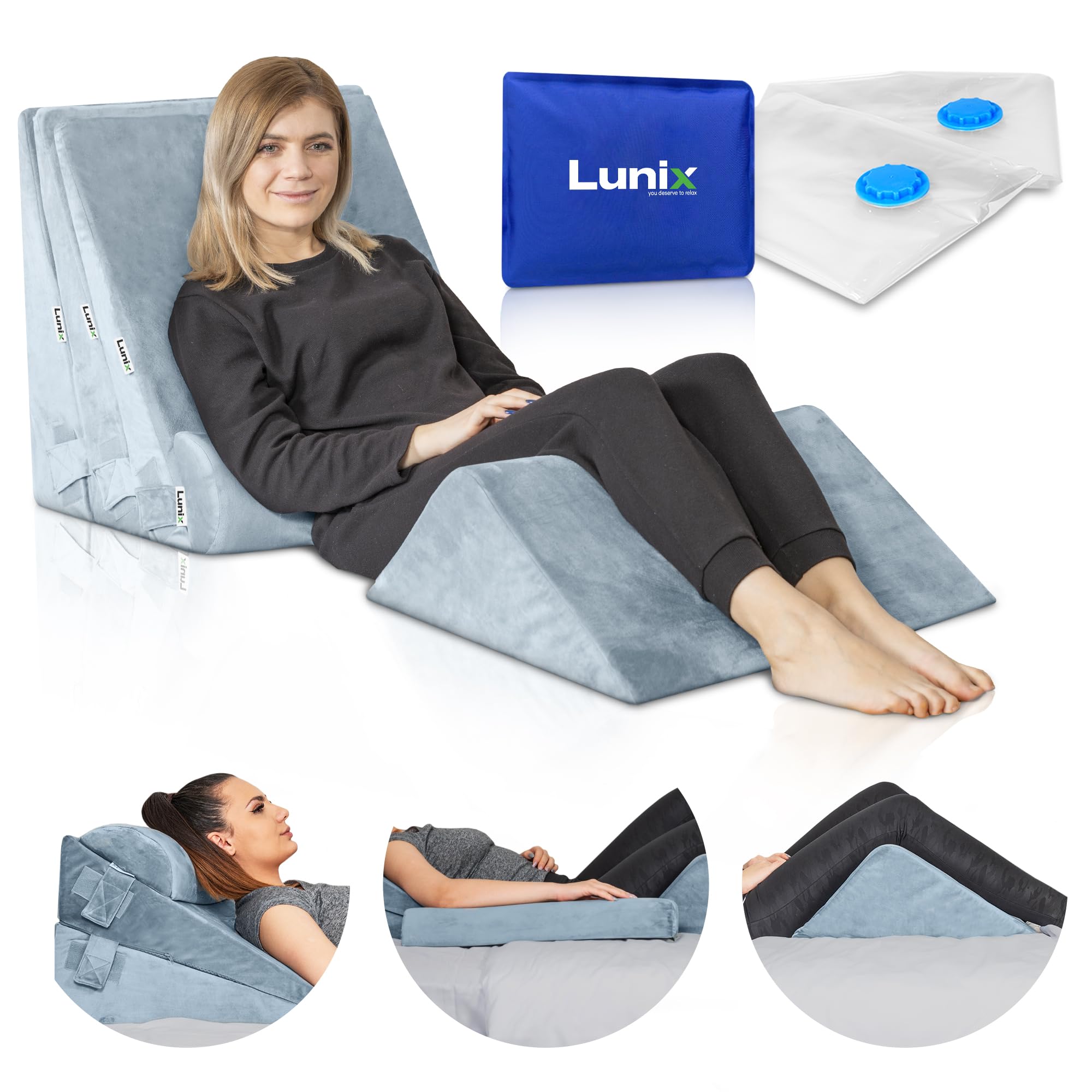 Lunix 5pcs Orthopedic Bed Wedge Pillow Set, Post Surgery Memory Foam for Back, Leg, and Knee Pain Relief, Adjustable Sitting Pillow for Sleeping, Acid Reflux, and GERD, with Hot Cold Pack, Gray