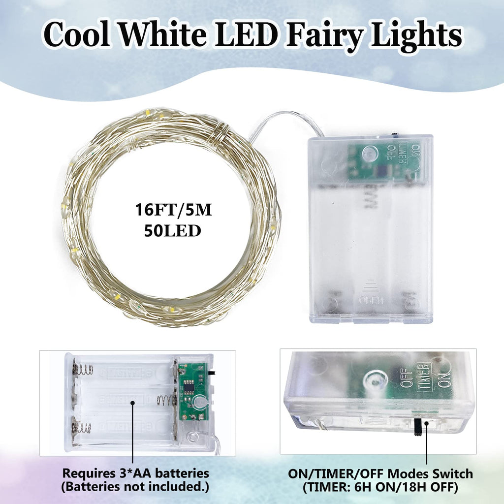 2-Pack White Fairy Lights Battery Operated with Timer, Waterproof 16FT 50 LED String Lights Outdoor Indoor, Twinkle Lights for Bedroom Dorm Wedding Birthday Christmas Parties Centerpiece (Cool White)