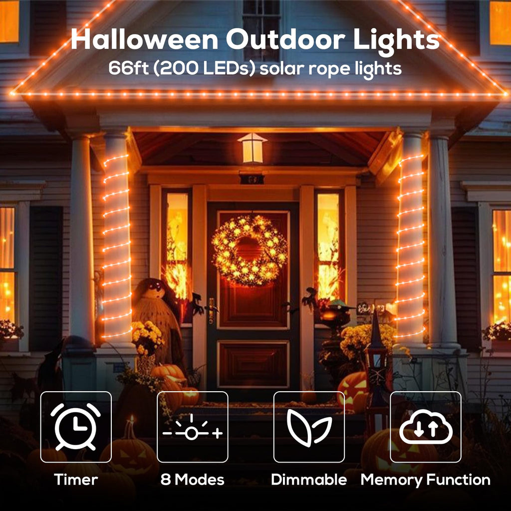 ICRGB Solar Halloween Lights, 66FT 200 LED Outdoor Solar Rope Lights, IP67 Waterproof Solar Lights, 8 Modes Christmas Lights, Solar String Lights for Outside, Halloween Tree Pathway Autumn Decorative