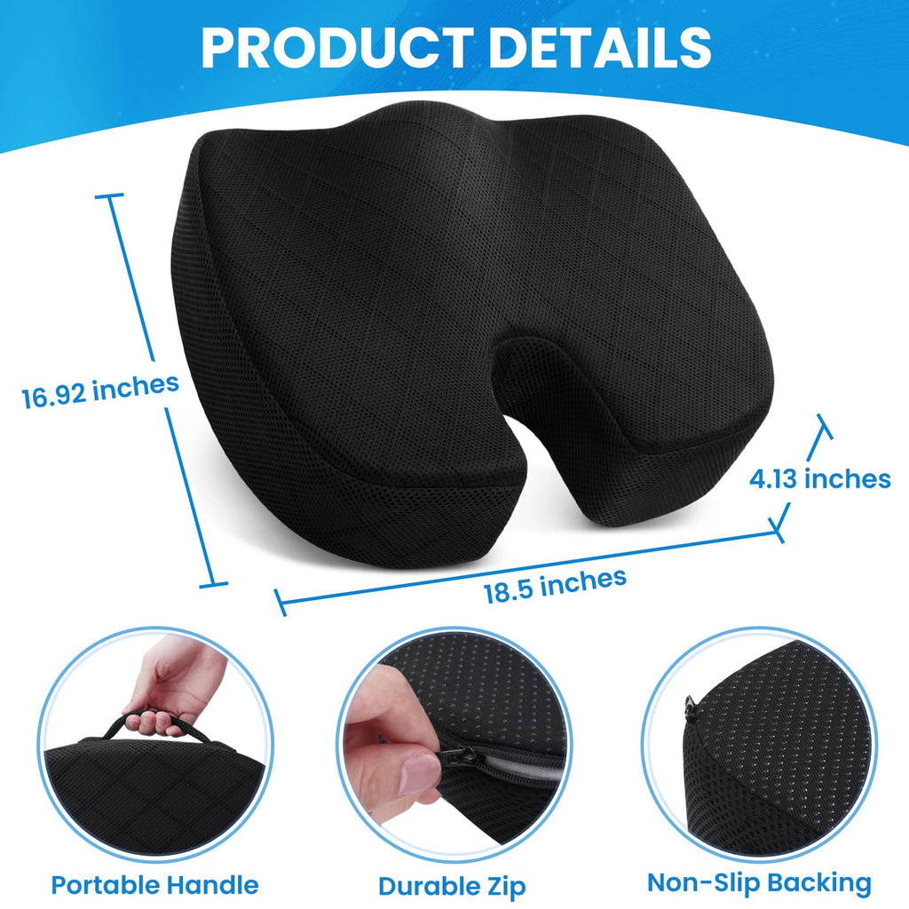 TushGuard Seat Cushion - Cushion for Office Chair, Car Seat, Airplane, Bleacher - Sciatica & Coccyx Pain Relief Desk Chair Cushion for Long Sitting Office Workers, Car Drivers(Black, XX-Large)
