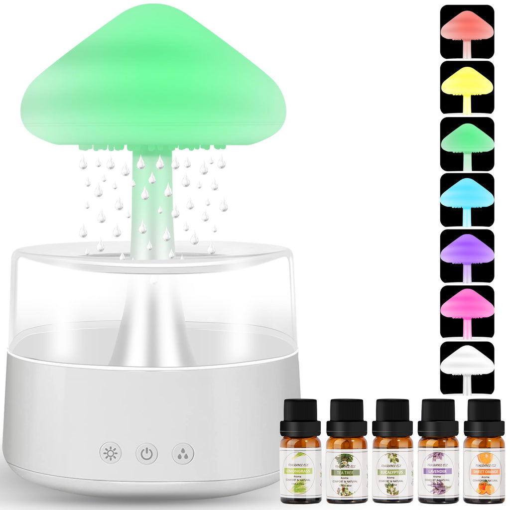 Rain Cloud Humidifier Water Drip with 5 Essential Oils, Cloud Diffuser with 7 Changing Colors Night Lights, Mushroom Humidifier Desk Bedside Water Drop Sound, White