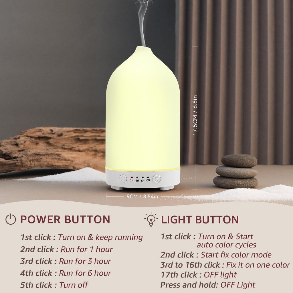 Gooamp 200ML Ceramic Diffuser,Aromatherapy Diffuser,Essential Oil Diffuser with 7 Color Lights Auto Shut Off for Home Office Room, White Base (1/3/6/ON hrs Working time)