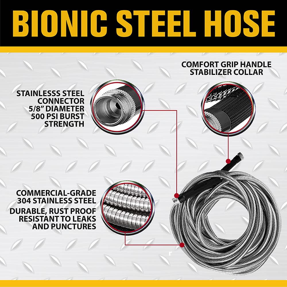 BIONIC STEEL 75 FT Garden Hose with Nozzle, 304 Stainless Steel Metal Water Hose 75Ft 500 PSI