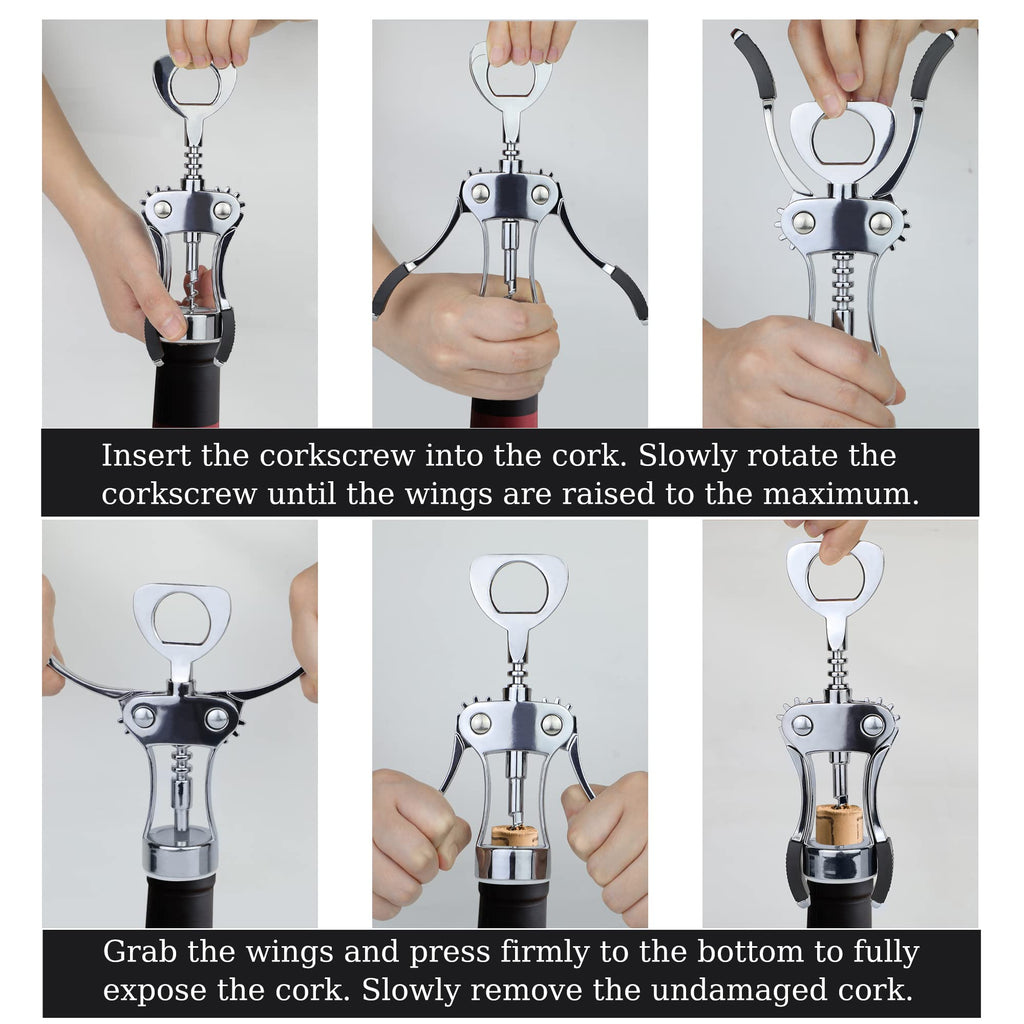 Wine Opener, Heavy-Duty Zinc Alloy Wing Corkscrew, Premium Beer Bottle Opener, Multifunctional Wine Accessories with Ergonomic Handle and Sharp Screw, for Kitchen, Bar, Restaurant (SILVER)