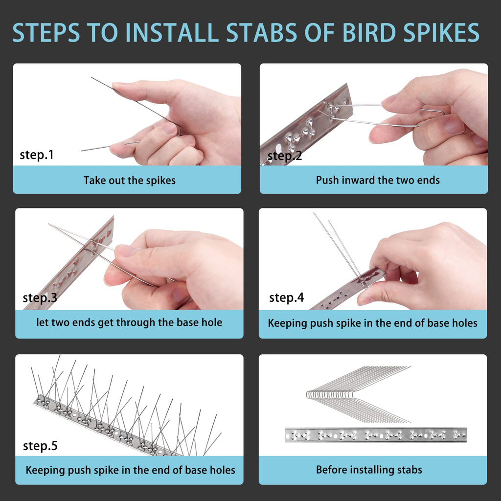Hausse Stainless Steel Bird Spikes 17 Pack, Squirrel Small Birds Pigeons Crows and Woodpeckers Deterrent Devices Bird Repellent Spikes, Assemble Easily Covers 17 Feet for Outdoor Wall Fence