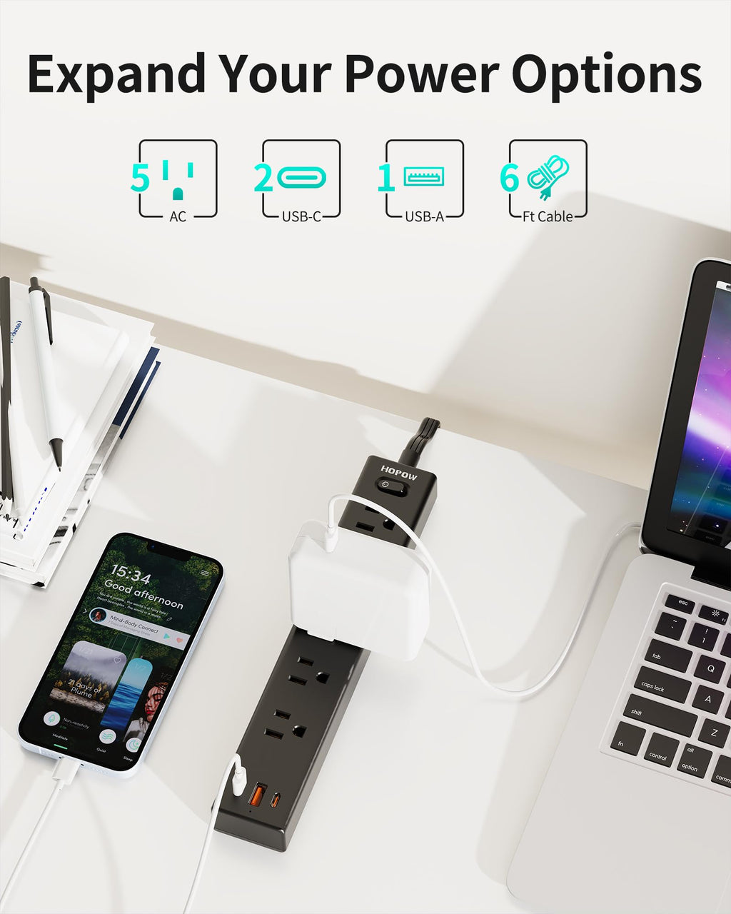 Flat Plug Power Strip, 6 Ft Ultra Thin Extension Cord, Surge Protector with 5 Outlets & 3 USB Ports (2 USB C), 1700 Joules, Wall Mount, Desktop Charging Station for Home Office Dorm, Black