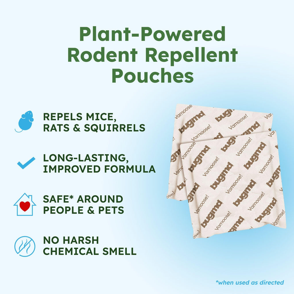 BugMD Vamoose! Plus Peppermint Oil Mouse Repellent Pouches | Natural Mice Repellent Indoor & Rat Deterrent for House, Garage, RV, Car & Storage | Plant-Powered Rodent Control - 4 Pack - 16 Pouches