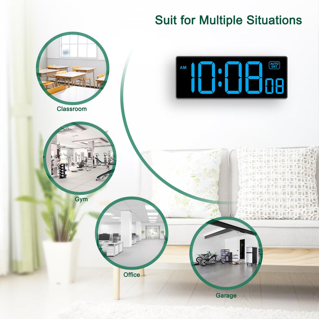 Soobest LED Wall Clock Digital Clock with Seconds, Electric Plug in Large Big Numbers Clock 5 Dimmers Wall Mount for Living Room, Auto DST, 10 Inches (Blue)