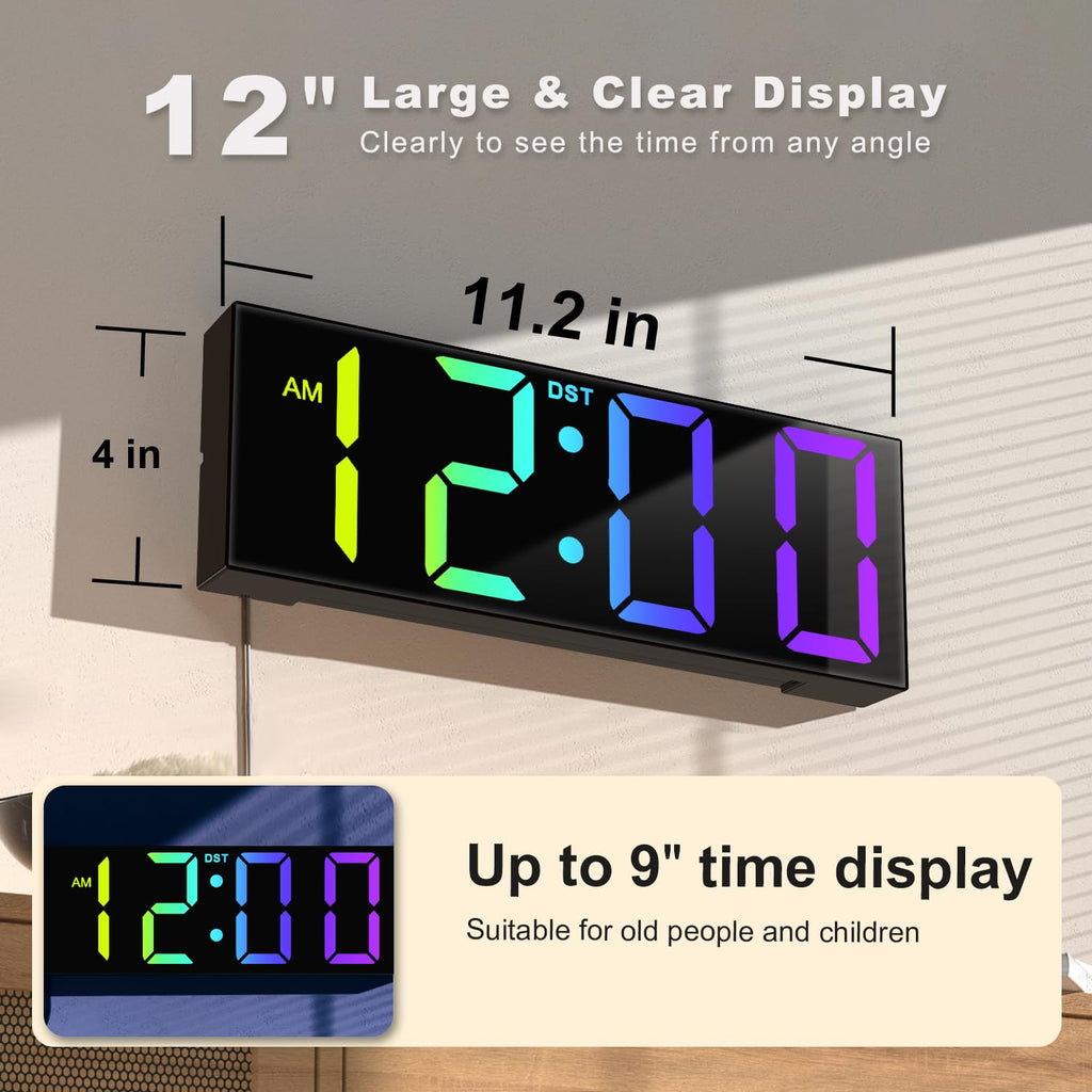 JALL 12'' Large Digital Wall Clock with Remote Control, Big LED Screen Dispaly, 8 RGB Colors, DST, Night Light for Living Room, Bedroom, Gift for Elderly (Black)