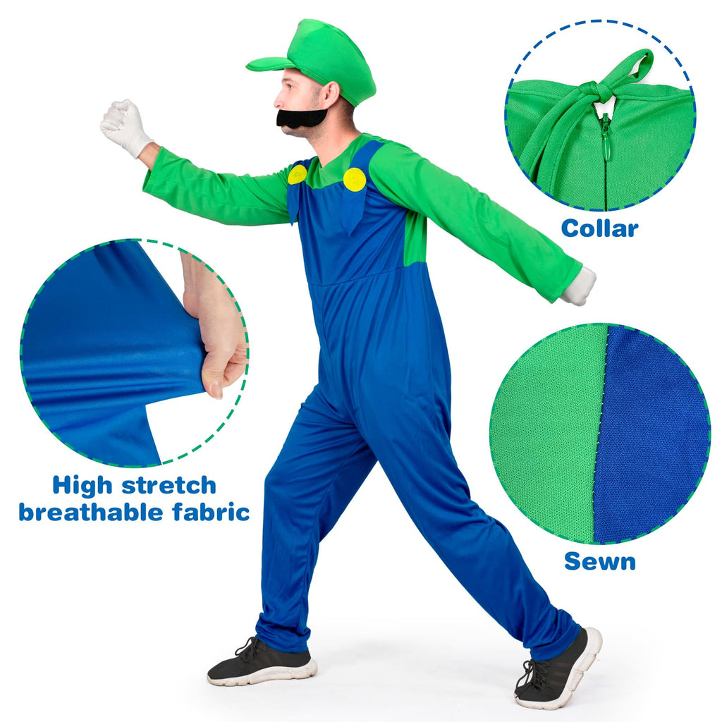 Sea Suntime Adult Costume Men Halloween Costume Cosplay Plumber Jeans Jumpsuit Hat Moustache Gloves